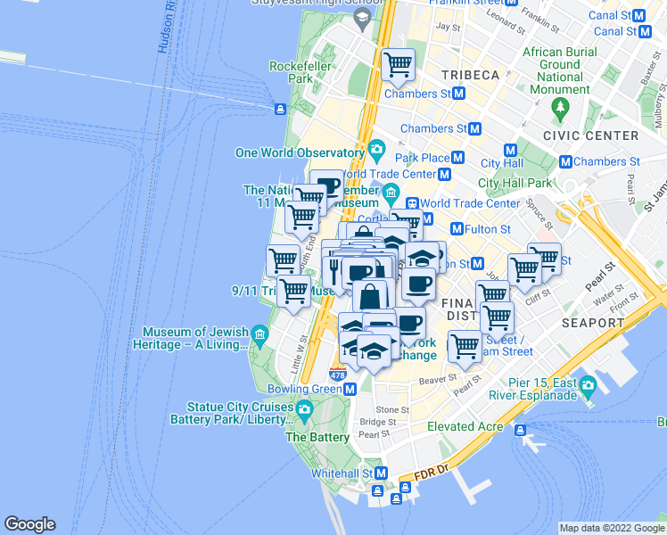 map of restaurants, bars, coffee shops, grocery stores, and more near 71 West Street in New York