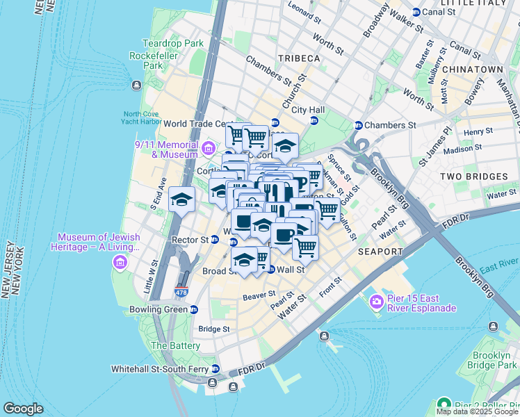 map of restaurants, bars, coffee shops, grocery stores, and more near 48 Wall Street in New York