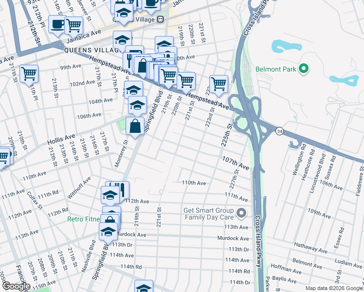 map of restaurants, bars, coffee shops, grocery stores, and more near 221-17 108th Avenue in Queens