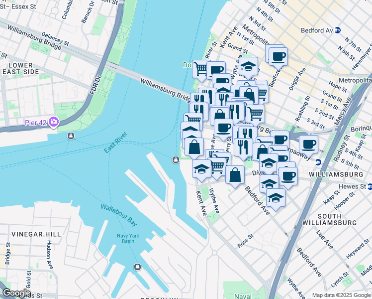 map of restaurants, bars, coffee shops, grocery stores, and more near 440 Kent Avenue in Brooklyn