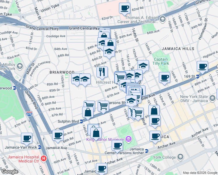 map of restaurants, bars, coffee shops, grocery stores, and more near 150-35 87th Avenue in Queens