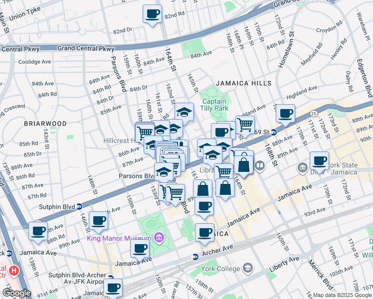 map of restaurants, bars, coffee shops, grocery stores, and more near 160-26 Highland Avenue in Queens