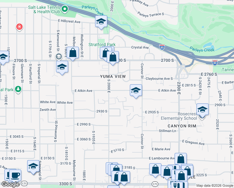 map of restaurants, bars, coffee shops, grocery stores, and more near 2047 Sierra View Circle in Salt Lake City