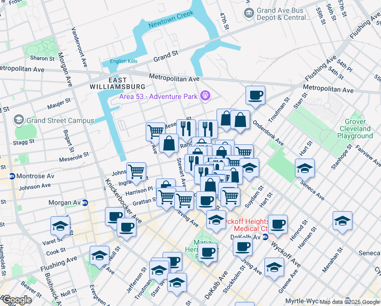 map of restaurants, bars, coffee shops, grocery stores, and more near 215 Ingraham Street in Brooklyn