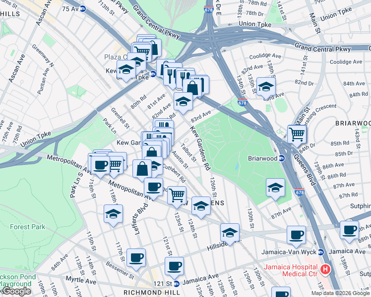 map of restaurants, bars, coffee shops, grocery stores, and more near 80-32 Lefferts Boulevard in Queens