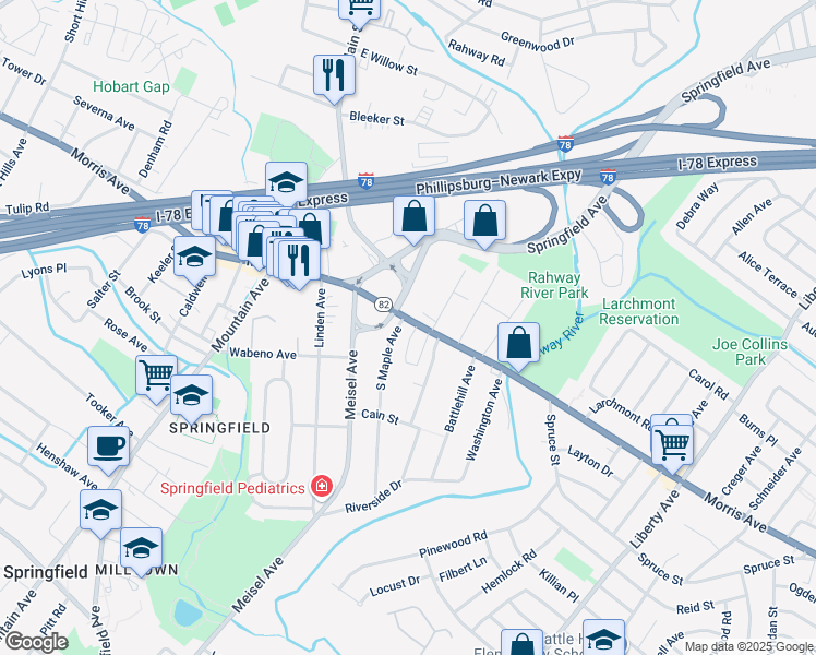 map of restaurants, bars, coffee shops, grocery stores, and more near 20 Maple Avenue in Springfield Township