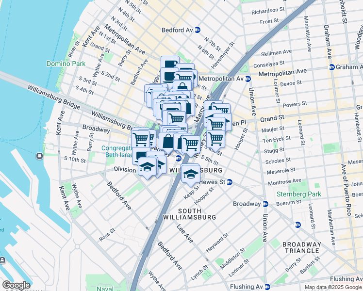 map of restaurants, bars, coffee shops, grocery stores, and more near 281 South 5th Street in Brooklyn