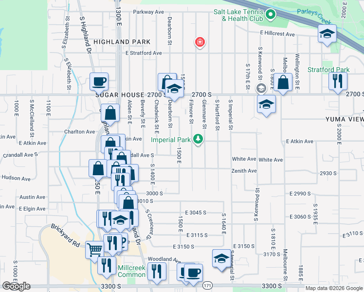 map of restaurants, bars, coffee shops, grocery stores, and more near 2845 South 1500 East in Salt Lake City