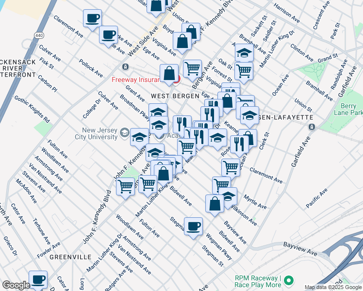 map of restaurants, bars, coffee shops, grocery stores, and more near 114 Grant Avenue in Jersey City