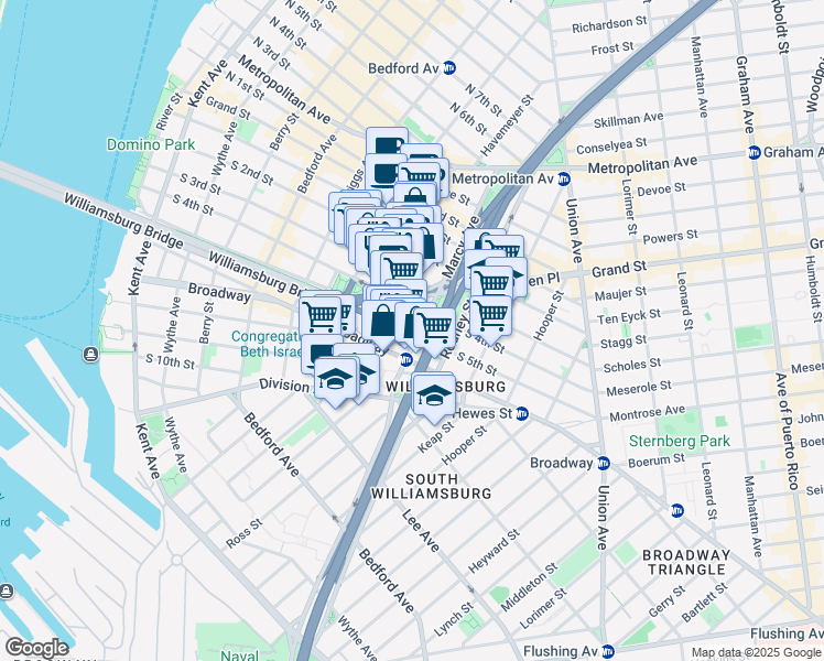 map of restaurants, bars, coffee shops, grocery stores, and more near 253 South 4th Street in Brooklyn