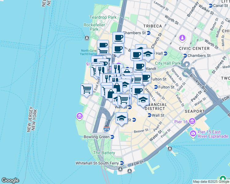 map of restaurants, bars, coffee shops, grocery stores, and more near 90 West Street in New York