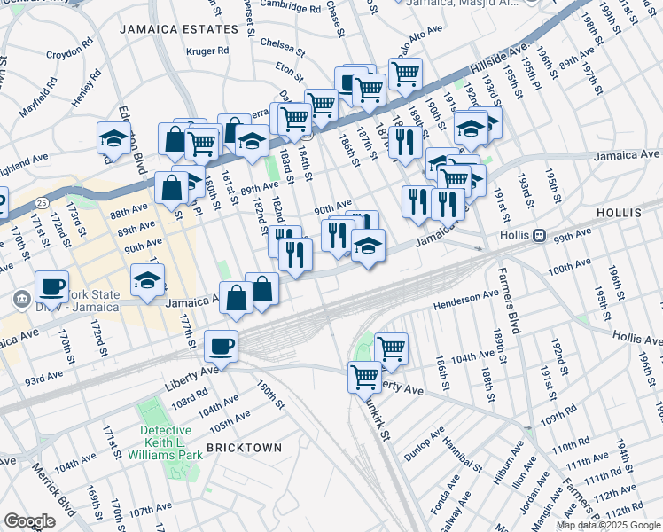 map of restaurants, bars, coffee shops, grocery stores, and more near 9119 184th Street in Queens