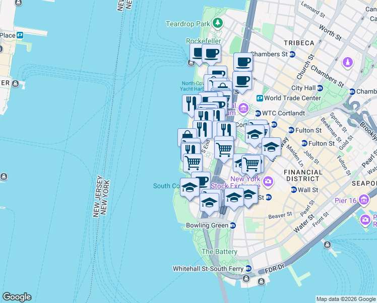 map of restaurants, bars, coffee shops, grocery stores, and more near 380 Rector Place in New York