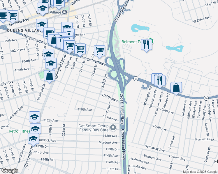 map of restaurants, bars, coffee shops, grocery stores, and more near 225-14 104th Avenue in Queens