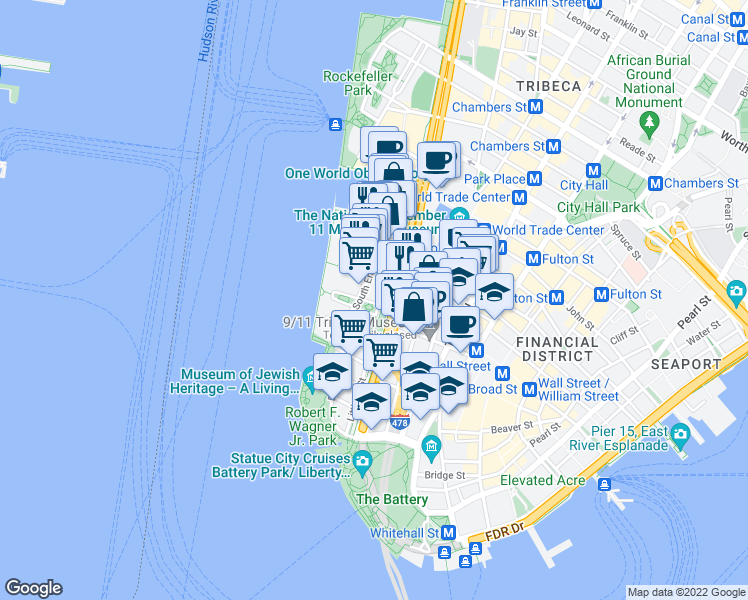 map of restaurants, bars, coffee shops, grocery stores, and more near 315 South End Avenue in New York