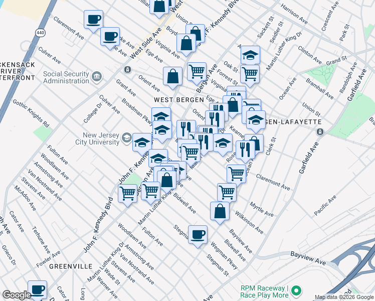 map of restaurants, bars, coffee shops, grocery stores, and more near 114 Grant Avenue in Jersey City