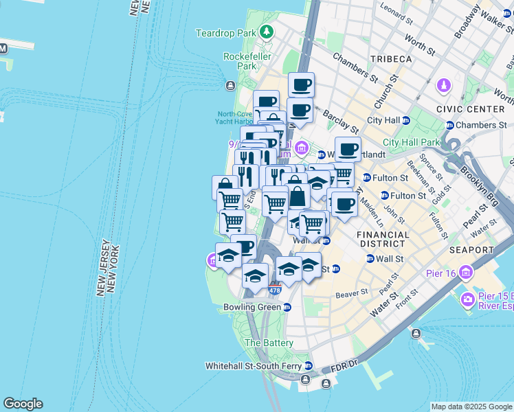 map of restaurants, bars, coffee shops, grocery stores, and more near in New York