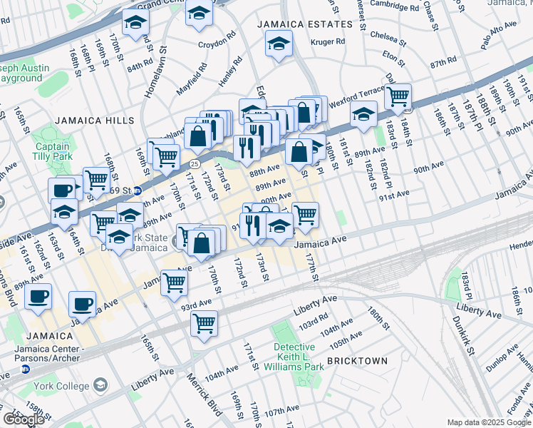 map of restaurants, bars, coffee shops, grocery stores, and more near 90-25 175th Street in Queens