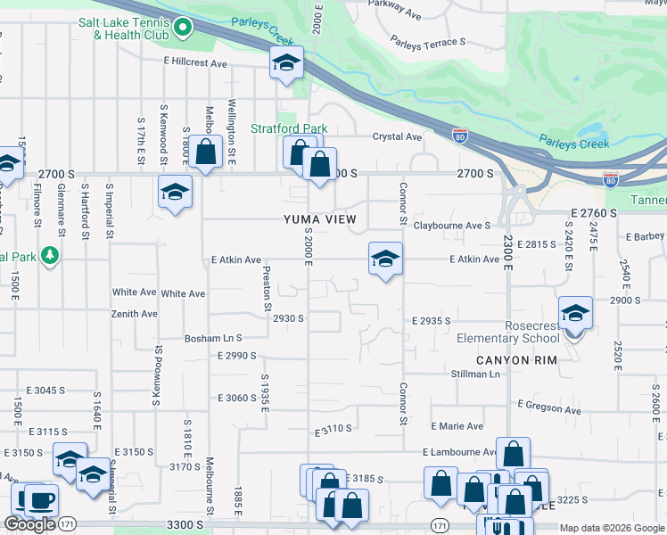map of restaurants, bars, coffee shops, grocery stores, and more near 2782 Yuma Circle East in Salt Lake City