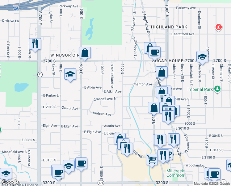 map of restaurants, bars, coffee shops, grocery stores, and more near 2813 South McClelland Street in Salt Lake City