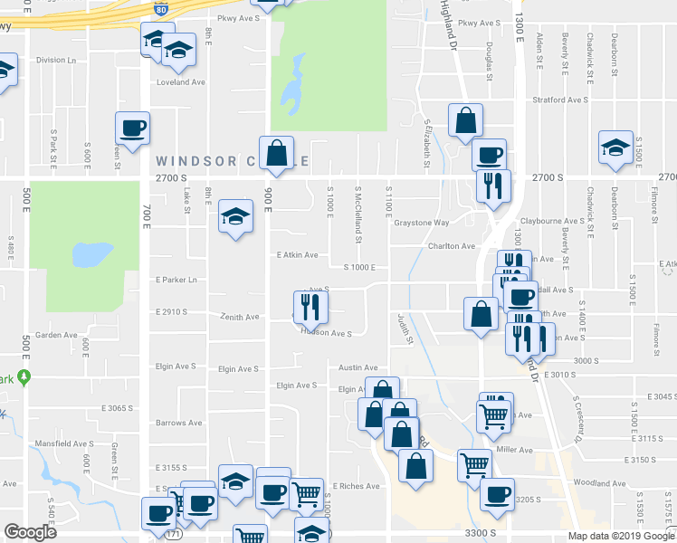map of restaurants, bars, coffee shops, grocery stores, and more near 2803 South 1000 East in Salt Lake City