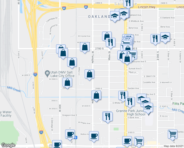 map of restaurants, bars, coffee shops, grocery stores, and more near 2814 South West Temple Street in South Salt Lake