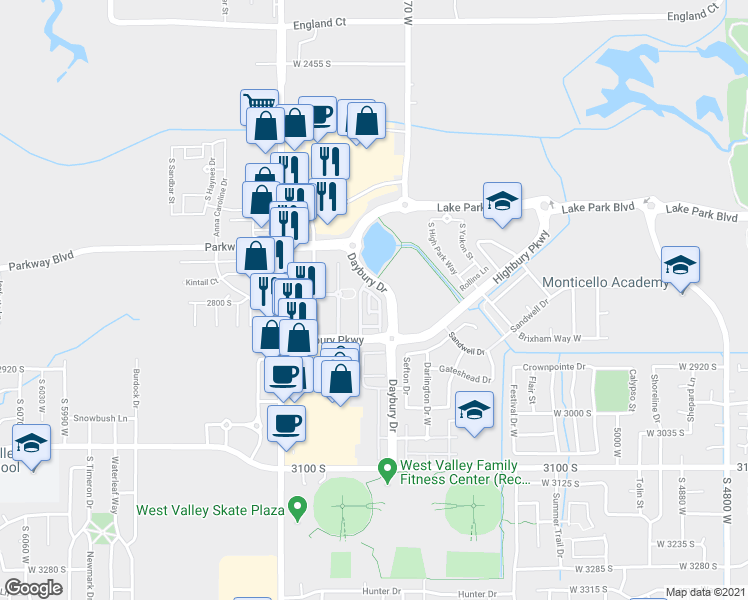 map of restaurants, bars, coffee shops, grocery stores, and more near 5432 Highbury Parkway in West Valley City