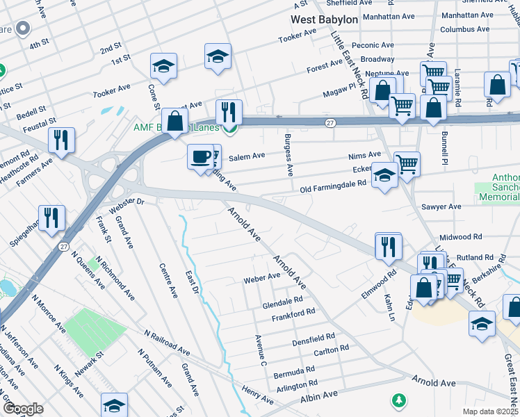 map of restaurants, bars, coffee shops, grocery stores, and more near 305 New York 109 in West Babylon