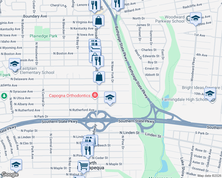 map of restaurants, bars, coffee shops, grocery stores, and more near 185 North Atlanta Avenue in Massapequa