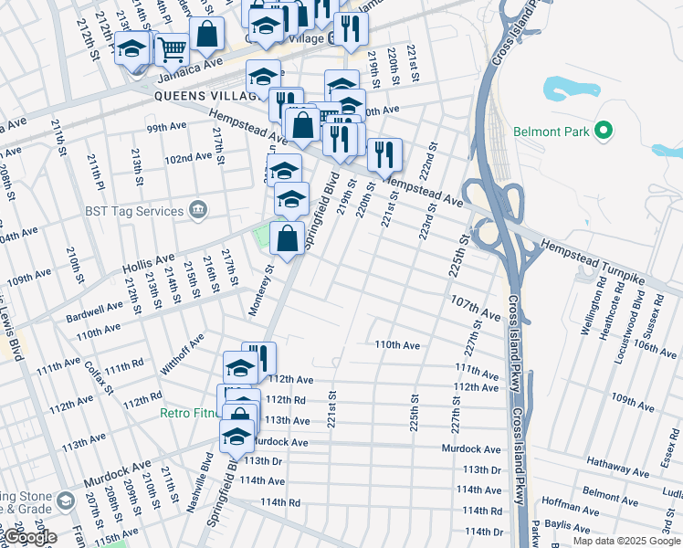 map of restaurants, bars, coffee shops, grocery stores, and more near 106-7 220th Street in Queens