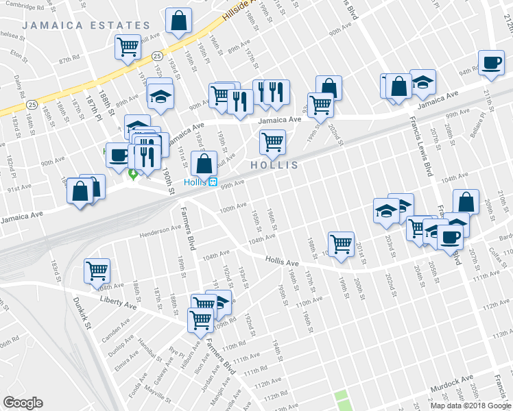 map of restaurants, bars, coffee shops, grocery stores, and more near 99-15 195th Street in Queens