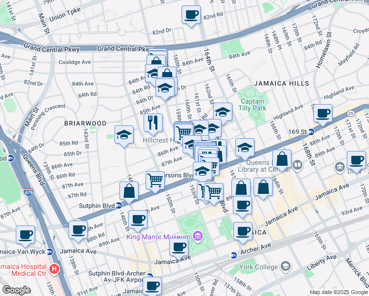 map of restaurants, bars, coffee shops, grocery stores, and more near 159-21 Normal Road in Queens