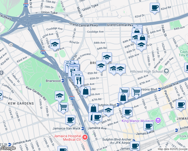 map of restaurants, bars, coffee shops, grocery stores, and more near 141-41 85th Road in Queens
