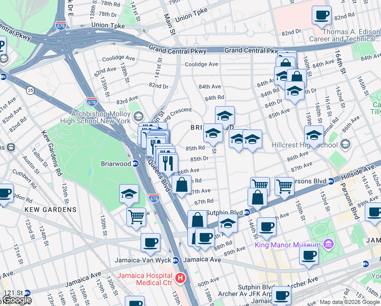 map of restaurants, bars, coffee shops, grocery stores, and more near 141-41 85th Road in Queens