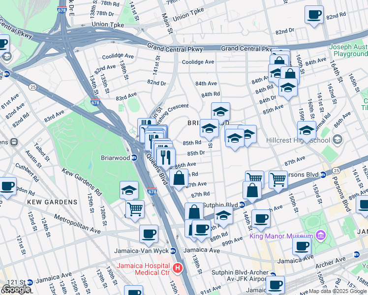 map of restaurants, bars, coffee shops, grocery stores, and more near 141-41 85th Road in Queens