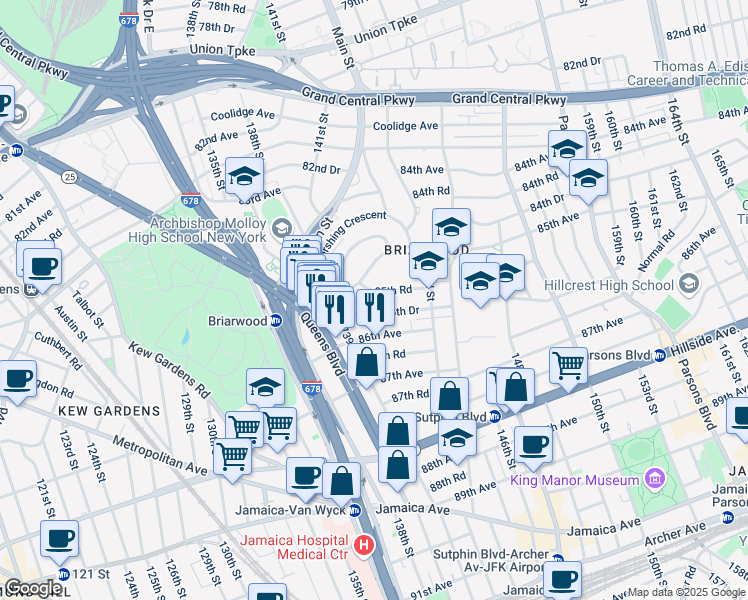 map of restaurants, bars, coffee shops, grocery stores, and more near 140-17 84th Drive in Queens