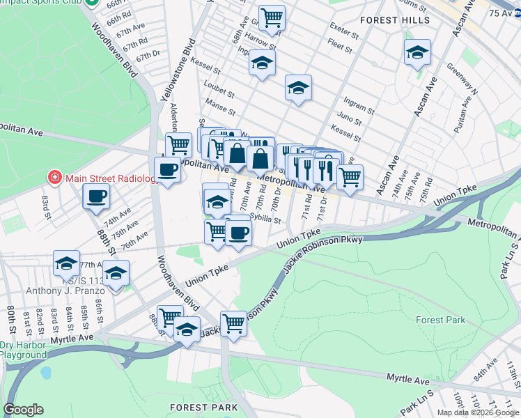 map of restaurants, bars, coffee shops, grocery stores, and more near 90-39 70th Drive in Queens