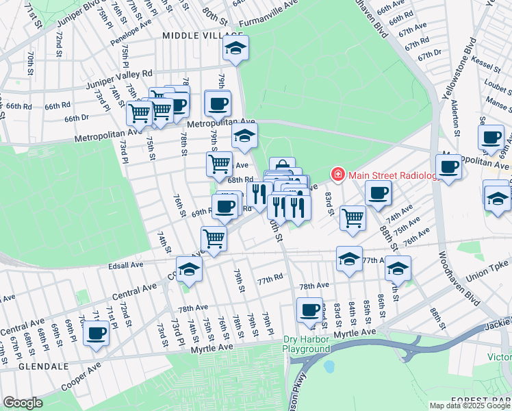 map of restaurants, bars, coffee shops, grocery stores, and more near 79-73 69th Avenue in Queens