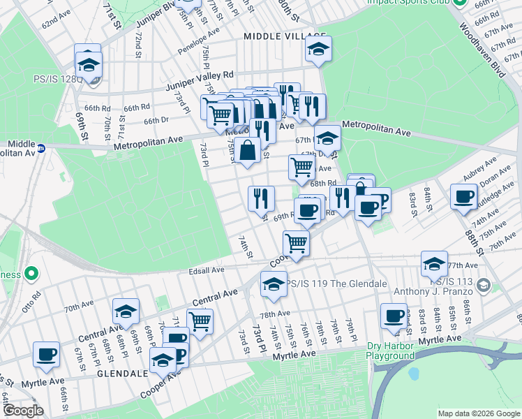 map of restaurants, bars, coffee shops, grocery stores, and more near 68-39 78th Street in Queens