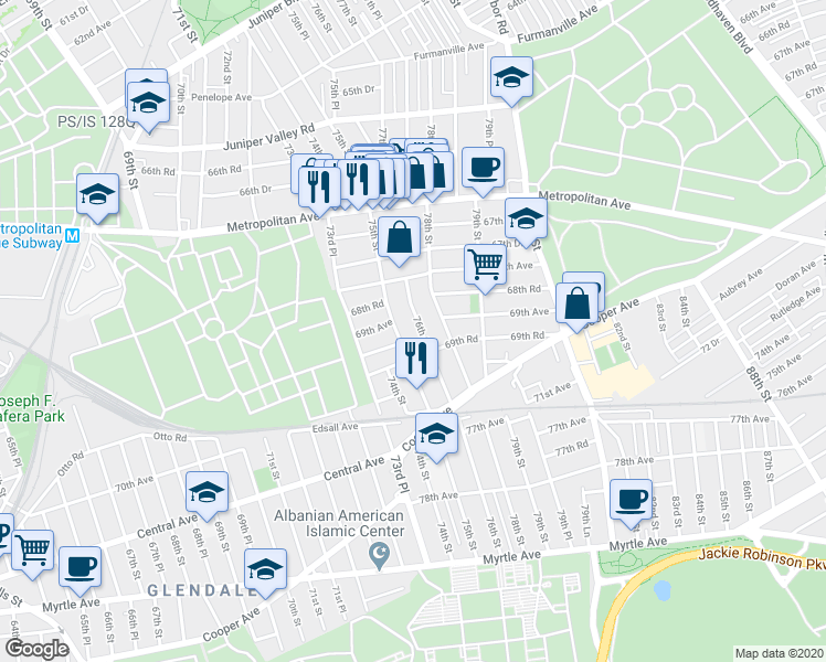 map of restaurants, bars, coffee shops, grocery stores, and more near 68-30 76th Street in Queens