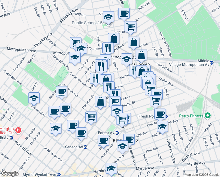 map of restaurants, bars, coffee shops, grocery stores, and more near 59-30 Menahan Street in Queens
