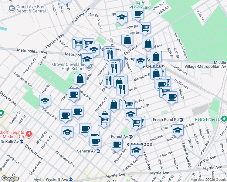 map of restaurants, bars, coffee shops, grocery stores, and more near 63-24 Forest Avenue in Queens