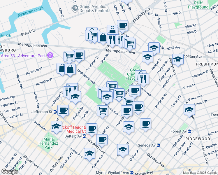 map of restaurants, bars, coffee shops, grocery stores, and more near 18-80 Suydam Street in Queens