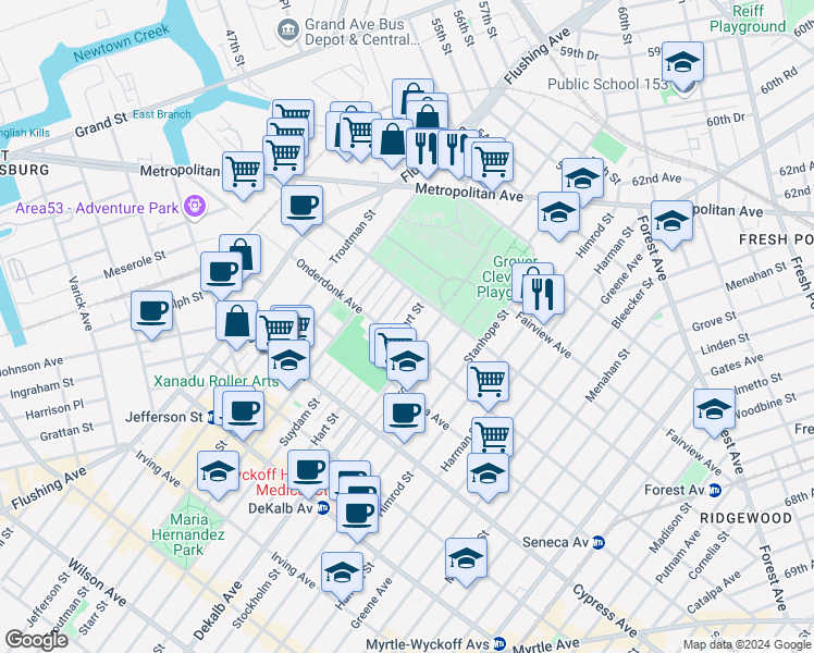 map of restaurants, bars, coffee shops, grocery stores, and more near 18-80 Suydam Street in Queens