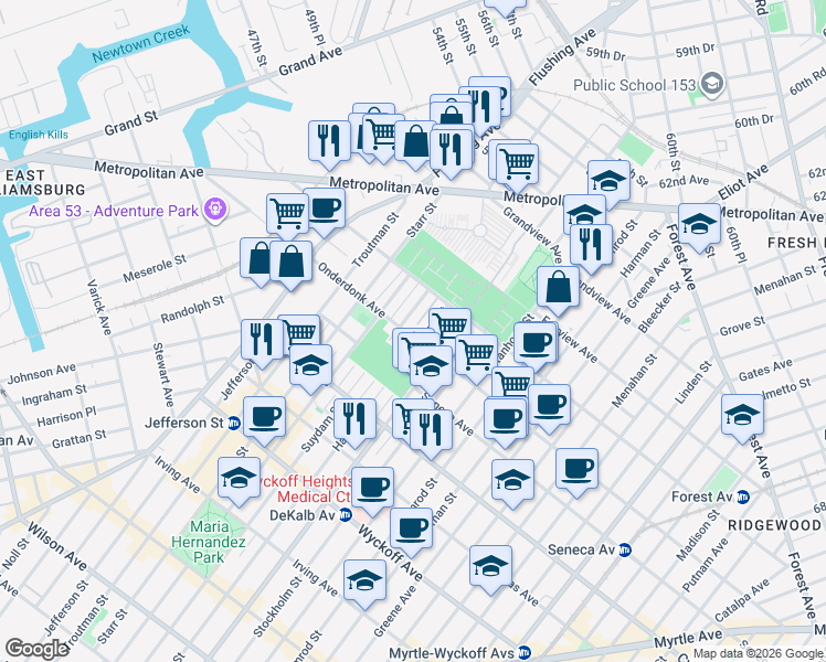 map of restaurants, bars, coffee shops, grocery stores, and more near 18-80 Suydam Street in Queens