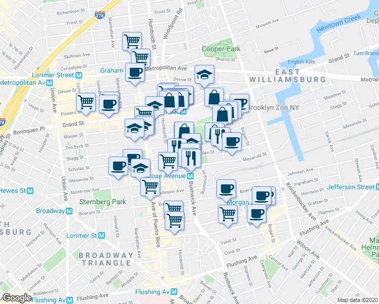 map of restaurants, bars, coffee shops, grocery stores, and more near 242 Stagg Street in Brooklyn