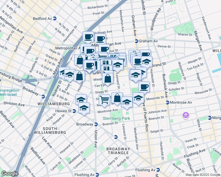 map of restaurants, bars, coffee shops, grocery stores, and more near 49 Ten Eyck Street in Brooklyn