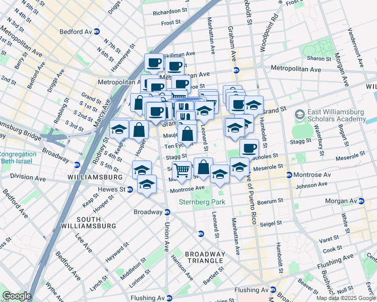 map of restaurants, bars, coffee shops, grocery stores, and more near 49 Ten Eyck Street in Brooklyn