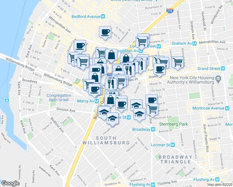 map of restaurants, bars, coffee shops, grocery stores, and more near 325 South 3rd Street in Brooklyn