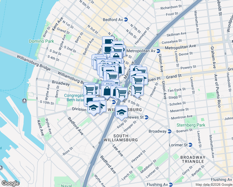 map of restaurants, bars, coffee shops, grocery stores, and more near 253 South 4th Street in Brooklyn